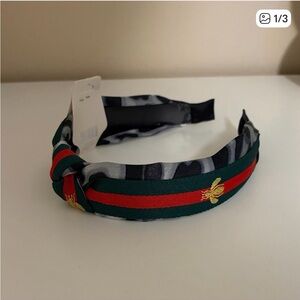 Queen Bee Green and Red Striped Headband with Bee Embroidery